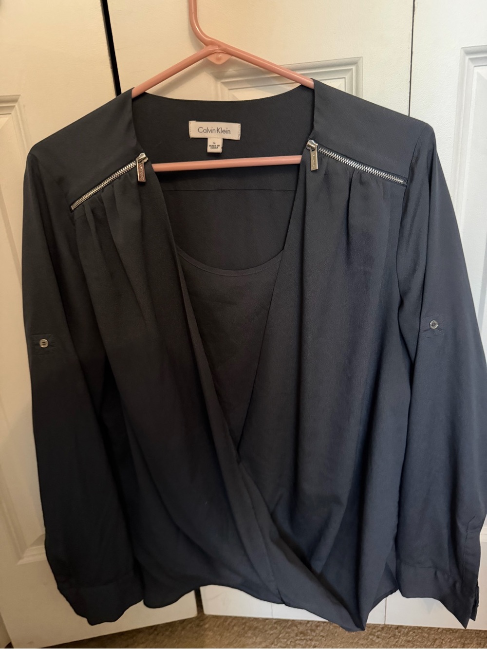 Calvin Klein Black Faux-Wrap Zip-Shoulder Blouse